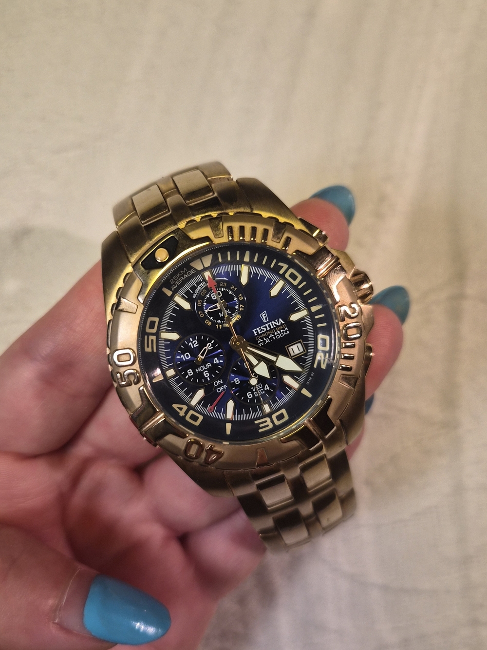 Mens Festina Watch Chronograph Gold Plated F 16119 Chrono Bike Blue Face ✨️💫 - Picture 5 of 13